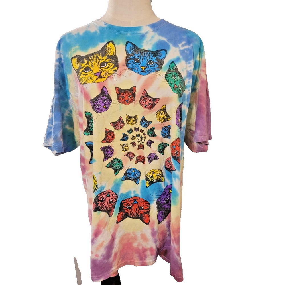 Fruit Of The Loom Unisex Y2K Tie Dye Cat Grateful Dead Parody T-Shirt Hippie XL